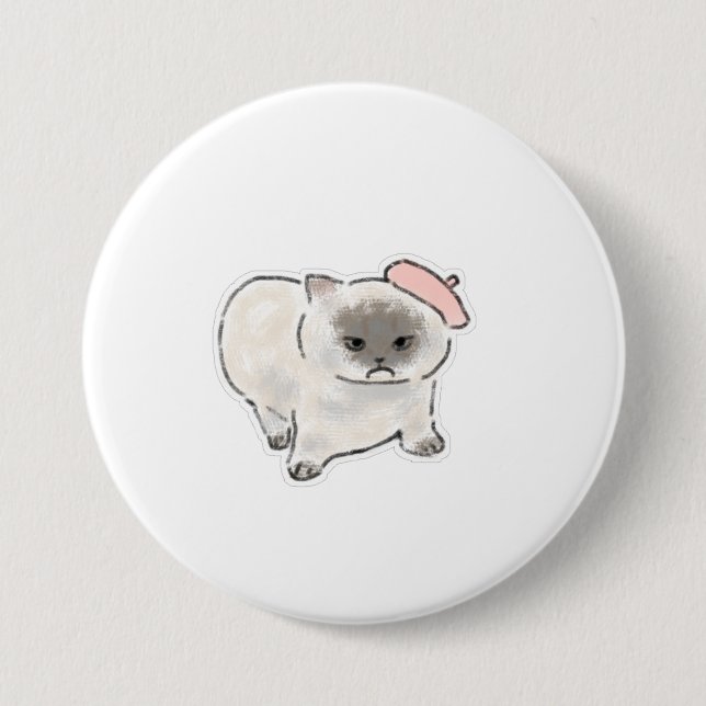 Cute Grumpy Cat Wearing Pink Beret Hand Drawn Art 3 Inch Round Button (Front)