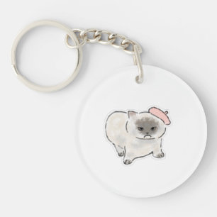 Cute Grumpy Cat Wearing Pink Beret Hand Drawn Art Keychain