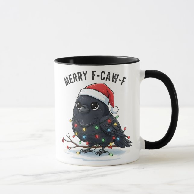 Cute Grumpy Crow Merry F-CAW-F Holiday Humor Mug (Right)