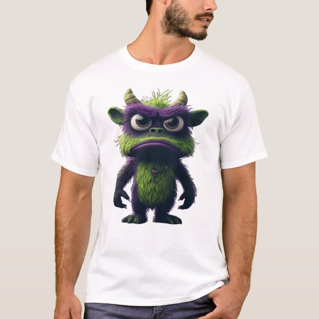 Cute Grumpy Fluffy Monster Cartoon Mascot T-Shirt (Front)