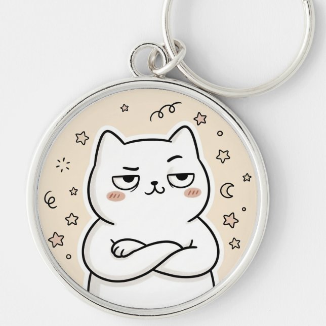 Cute Grumpy White Cat Kawaii Round Keychain (Front)
