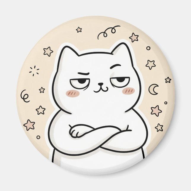 Cute Grumpy White Cat Kawaii Round Magnet (Front)