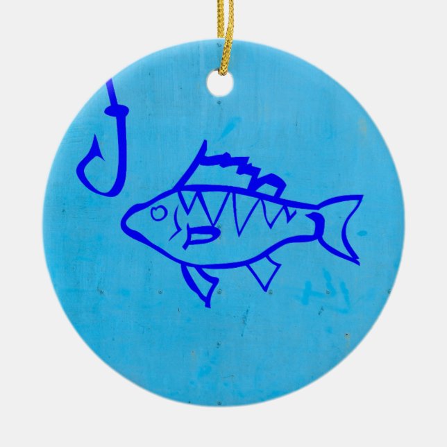 Cute Grunge blue fish and fishing hook Ceramic Ornament (Front)