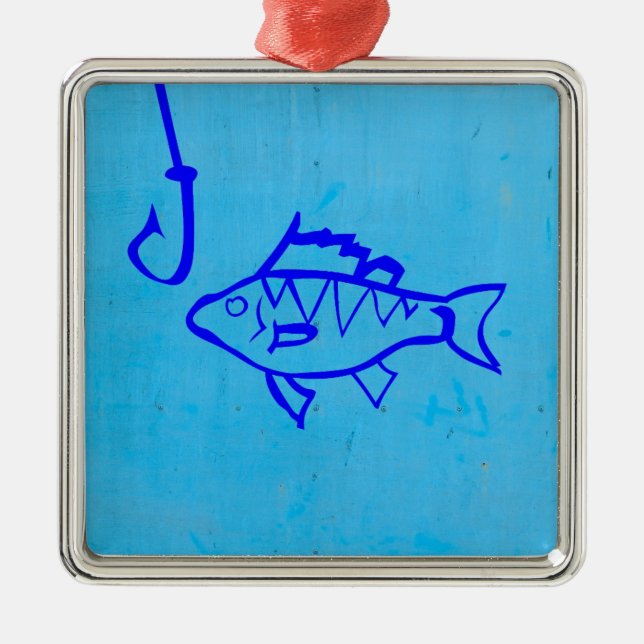 Cute Grunge blue fish and fishing hook Metal Ornament (Front)