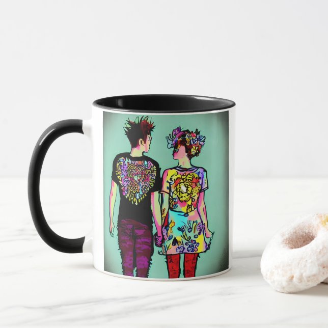 Cute Grunge Guy and Pretty Punk Girl Holding Hands Mug (With Donut)