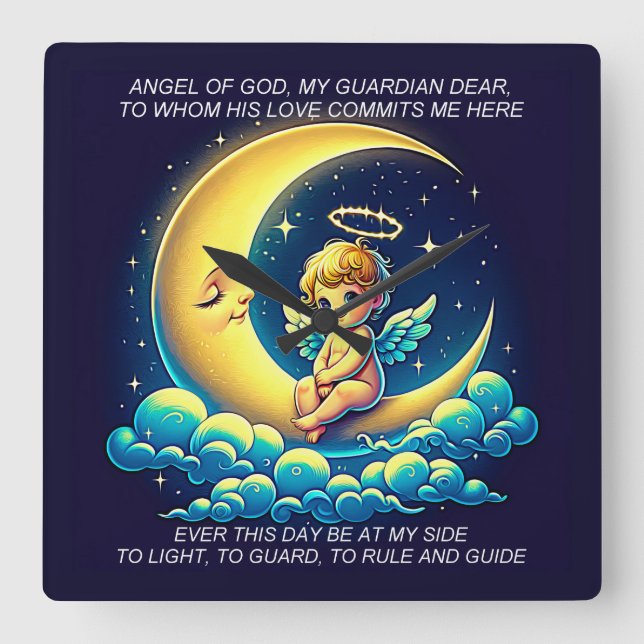 Cute Guardian Angel Cherub and Moon Expressionist Square Wall Clock (Front)