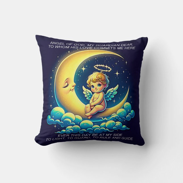 Cute Guardian Angel Cherub and Moon Expressionist Throw Pillow (Front)
