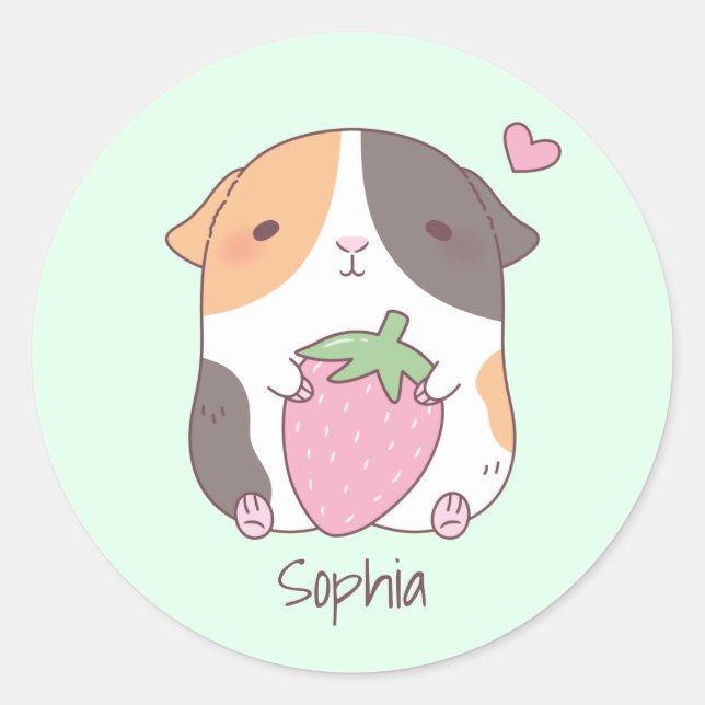 Cute Guinea Pig And Strawberry Personalized Classic Round Sticker (Front)