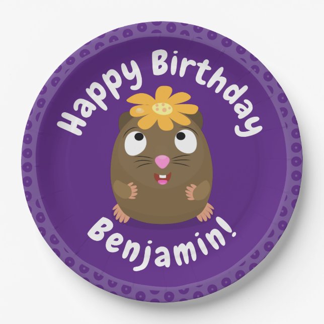 Cute guinea pig cartoon personalized birthday paper plate (Front)