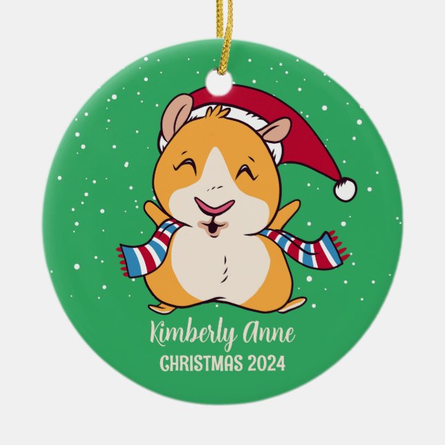 Cute Guinea Pig Christmas Snowy Winter Holiday Ceramic Ornament (Front)