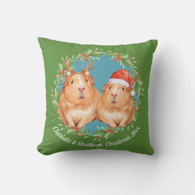 Cute Guinea Pig Couple Christmas Wreath Throw Pillow (Front)