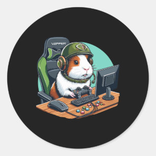 Cute Guinea Pig Gamer Playing Video Game Wildlife Classic Round Sticker