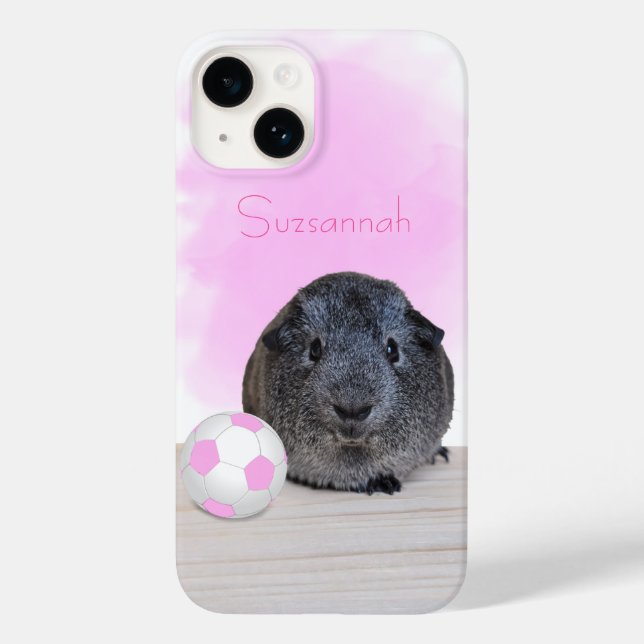 Cute Guinea Pig Girly Pink Soccer Ball Custom Name Case-Mate iPhone Case (Back)
