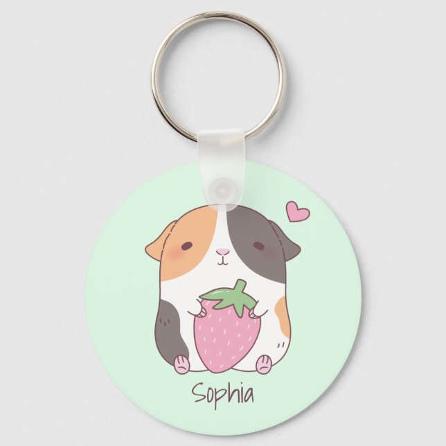 Cute Guinea Pig Hugs Strawberry Personalized Keychain (Front)