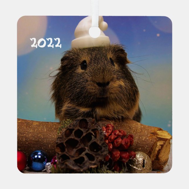 Cute Guinea Pig in a Santa Hat Metal Ornament (Back)