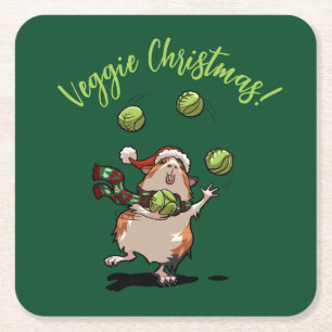 Cute Guinea Pig Veggie Christmas! Sprout Juggler Square Paper Coaster