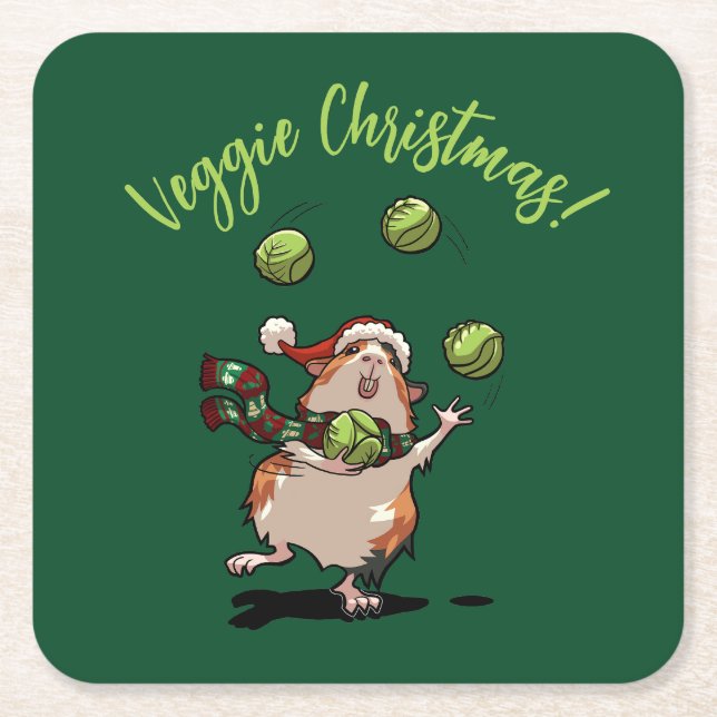 Cute Guinea Pig Veggie Christmas! Sprout Juggler Square Paper Coaster (Front)