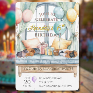 Cute Guinea Pig Watercolor Birthday Party Invitation