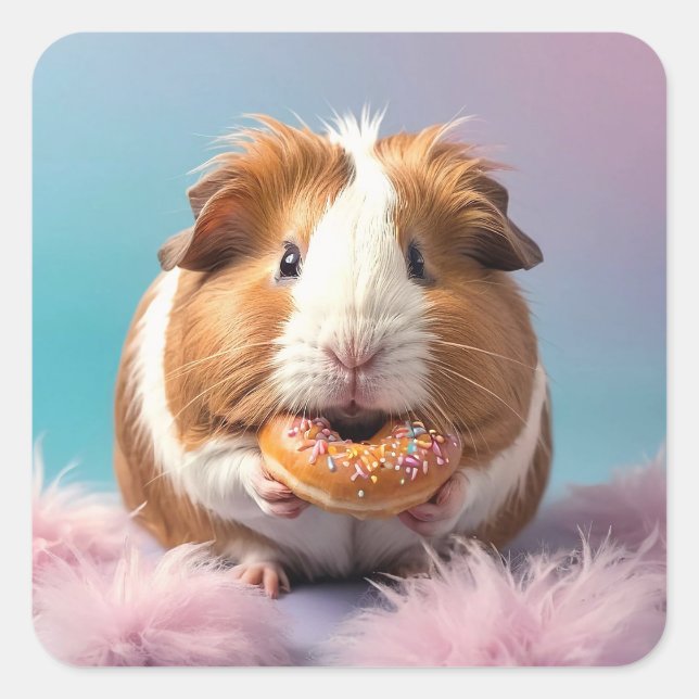 Cute Guinea Pig With Doughnut Pastel Gradient  Square Sticker (Front)
