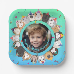 Cute Guinea Pigs Birthday Party GREEN-BLUE Paper Plate