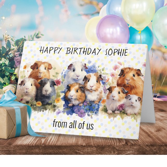 Cute Guinea Pigs Happy Birthday From All Of Us Card (A custom birthday card, picturing guinea pigs in a watercolor style, with 'from all of us' words)