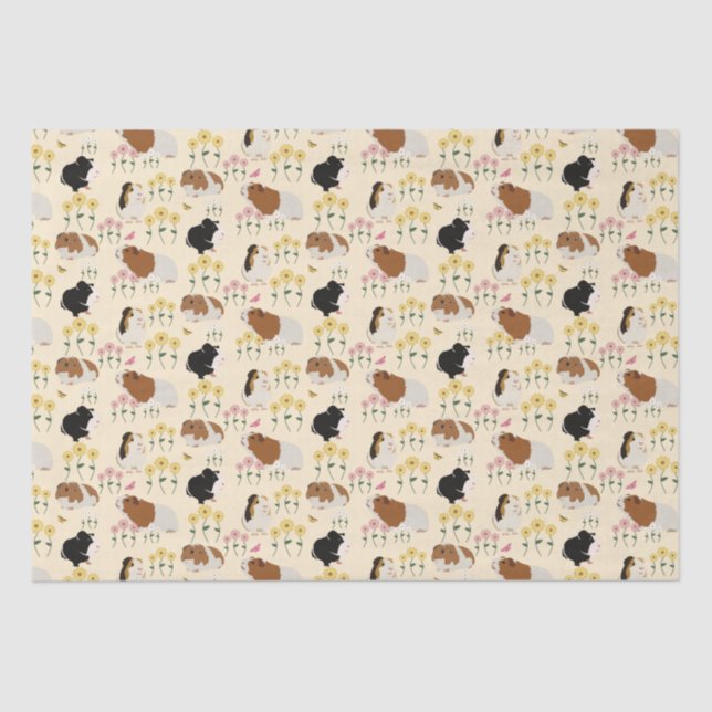Cute Guinea Pigs In Flower Garden Pattern - Yellow Tissue Paper (Front)
