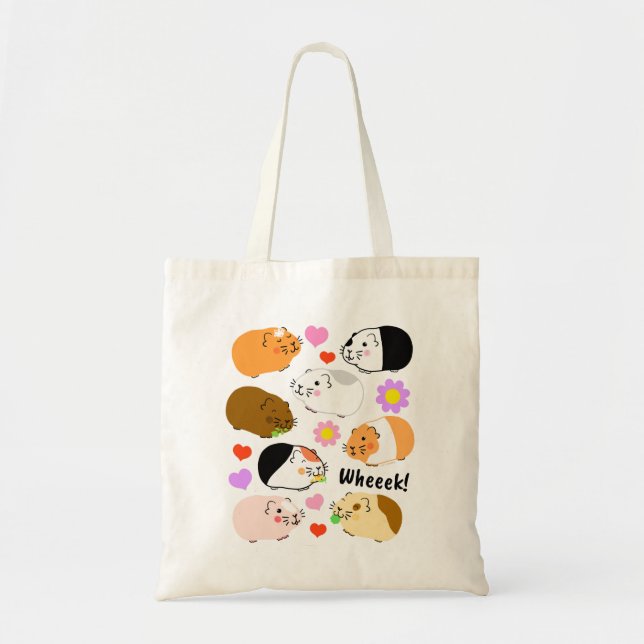 Cute Guinea Pigs with Hearts and Flowers Tote Bag (Front)