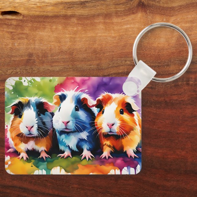 Cute guinea pigs with splashes of colour, custom keychain (Front)