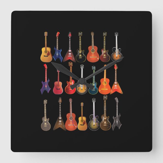 Cute Guitar Rock And Roll Musical Instruments Gift Square Wall Clock (Front)
