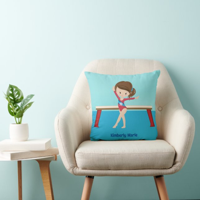 Cute Gymnastics Girl Personalized Gymnast Kids Throw Pillow (Chair)