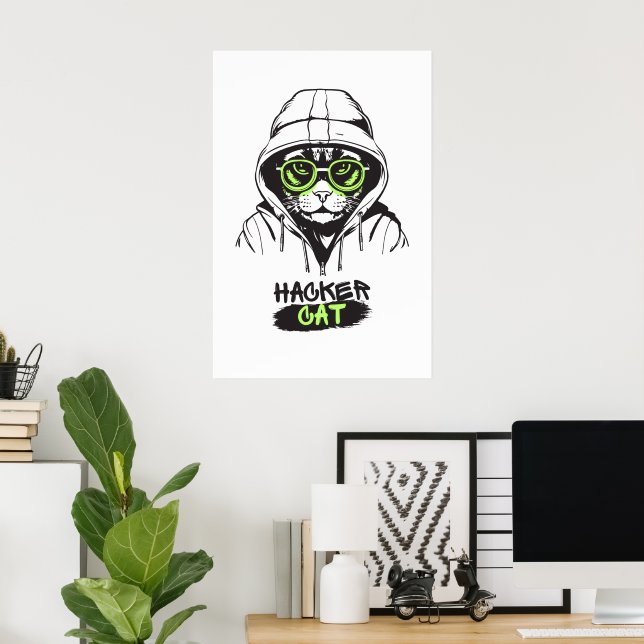 Cute Hacker Cat Illustration – Cybersecurity gift  Poster (Home Office)