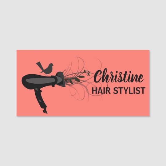 Cute Hair Stylist Dryer Beauty Salonliving Coral Name Tag Zazzle Ca