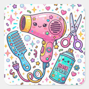 Cute Hair Stylist Tools in Kawaii Art Style Square Sticker