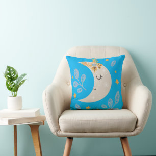 Cute Half moon blue background Throw Pillow