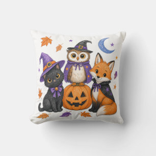 Cute Halloween Animals - Witch Black Cat Owl Fox P Throw Pillow