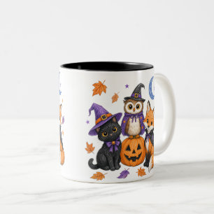 Cute Halloween Animals - Witch Black Cat Owl Fox P Two-Tone Coffee Mug