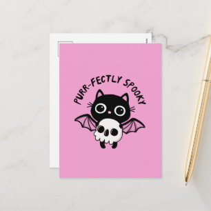 Cute Halloween Bat Cat - Purr-fectly Spooky Pun Holiday Postcard