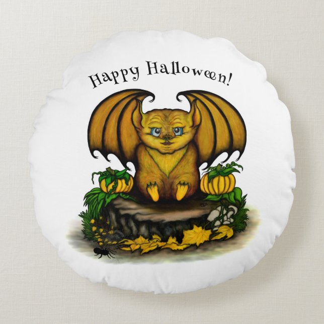  Cute Halloween Bat Round Pillow (Front)