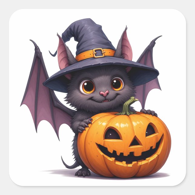 Cute Halloween Bat With Pumpkin Witch Hat 🎃 Square Sticker (Front)