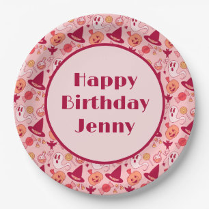 Cute Halloween Birthday Add Name Pink Pastel  Paper Plate
