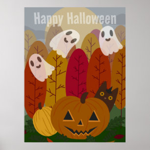 Cute Halloween Black Cat and Ghosts Autumn Pumpkin Poster