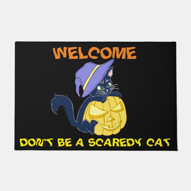 Cute Halloween Black Cat and Pumpkin Doormat (Front)