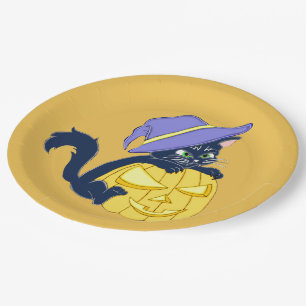 Cute Halloween Black Cat and Pumpkin Paper Plate