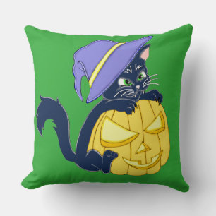 Cute Halloween Black Cat and Pumpkin Throw Pillow