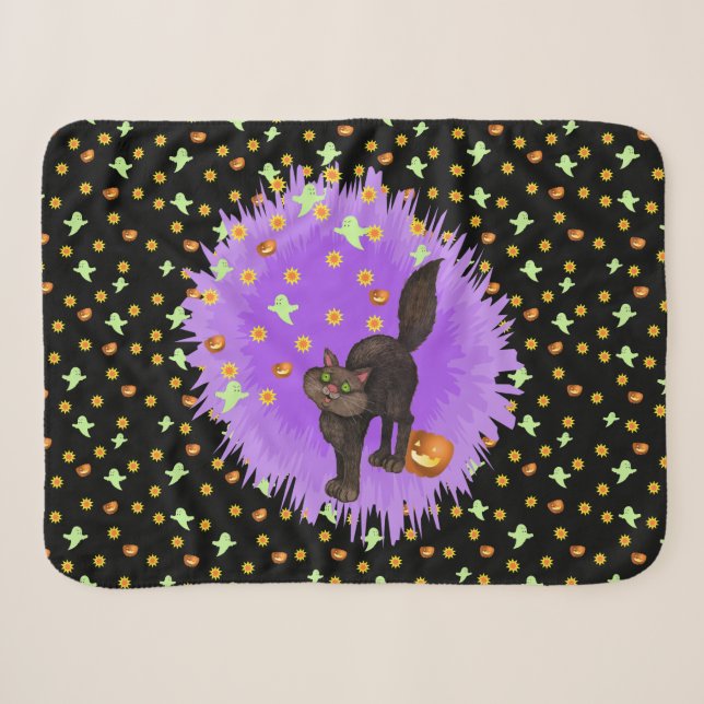 Cute Halloween Black Cat Ghosts Pumpkins Stars Sherpa Blanket (Front (Horizontal))