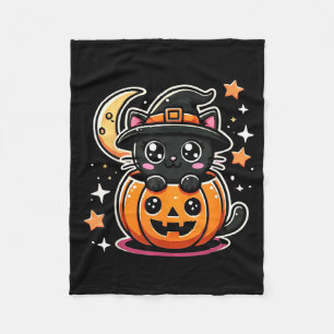 Cute Halloween Black Cat In Pumpkin With Witch Hat Fleece Blanket