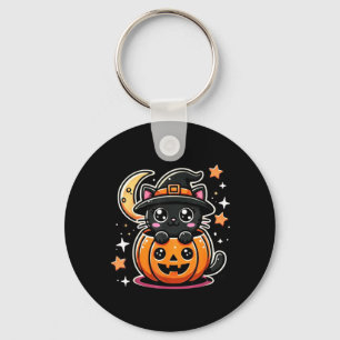 Cute Halloween Black Cat In Pumpkin With Witch Hat Keychain