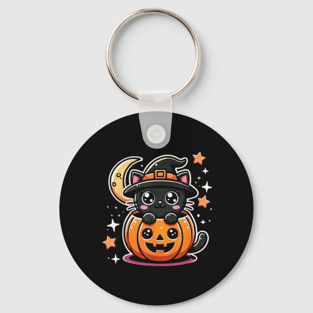 Cute Halloween Black Cat In Pumpkin With Witch Hat Keychain (Front)