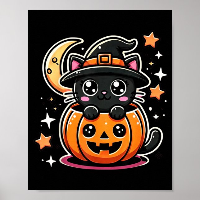 Cute Halloween Black Cat In Pumpkin With Witch Hat Poster (Front)