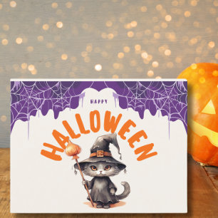 Cute Halloween Black Cat in Witch Hat Holiday Postcard